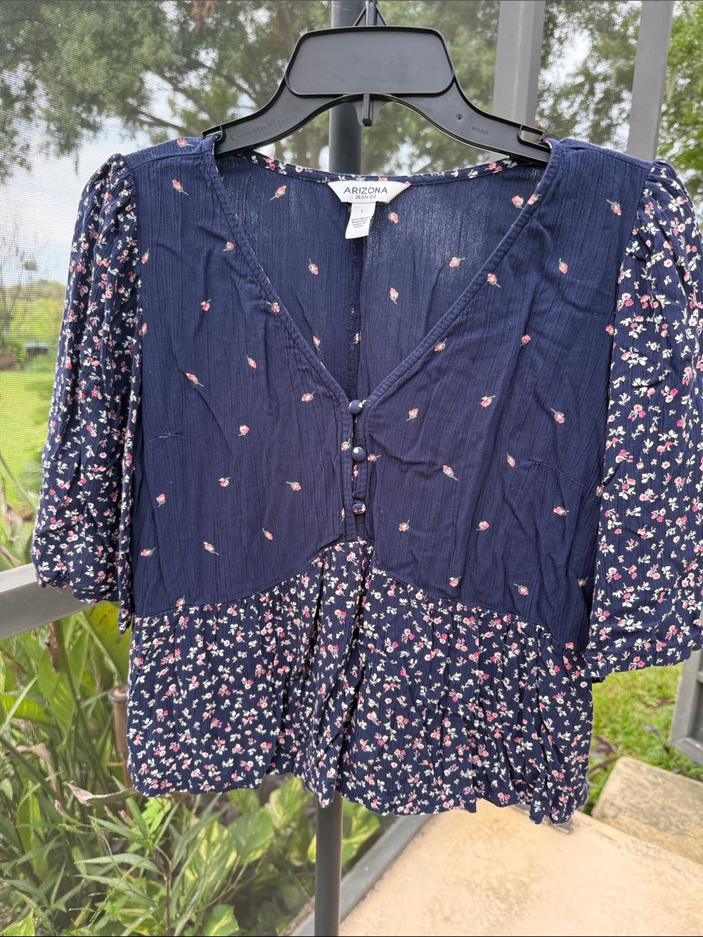 Arizona Jean Company Navy Floral Peplum Blouse with Pink Floral Accents